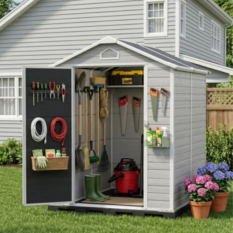 Gardening Tools Plastic - โรงเก็บของกลางแจ้งทำจากเรซิน พร้อมขาตั้งพื้น ชุดโรงเก็บของพลาสติกกันน้ำ ประตูมีระบบล็อค พร้อมหน้าต่าง สำหรับเก็บเครื่องมือทำสวน