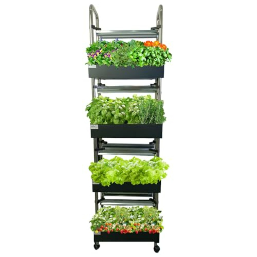 Hydroponic System - ระบบปลูกพืชไฮโดรโปนิกส์ในร่ม: สวนแนวตั้งพร้อมไฟอัจฉริยะแบบเต็มสเปกตรัม ระบบหมุนเวียนน้ำอัตโนมัติ โครงอะลูมิเนียมสีขาว