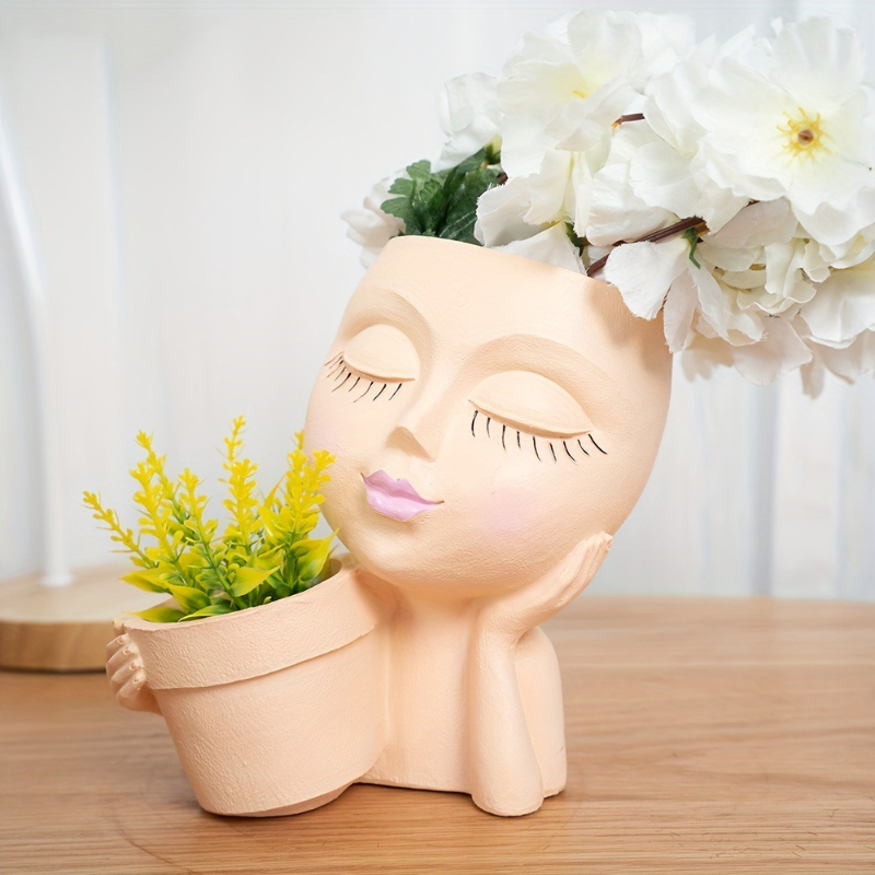 Gardening Tools Cute - กระถางต้นไม้รูปหน้า - กระถางดอกไม้สองช่องในตัวเดียว สำหรับปลูกต้นไม้ในร่มและกลางแจ้ง ทำจากเรซิ่น พร้อมรูระบายน้ำ