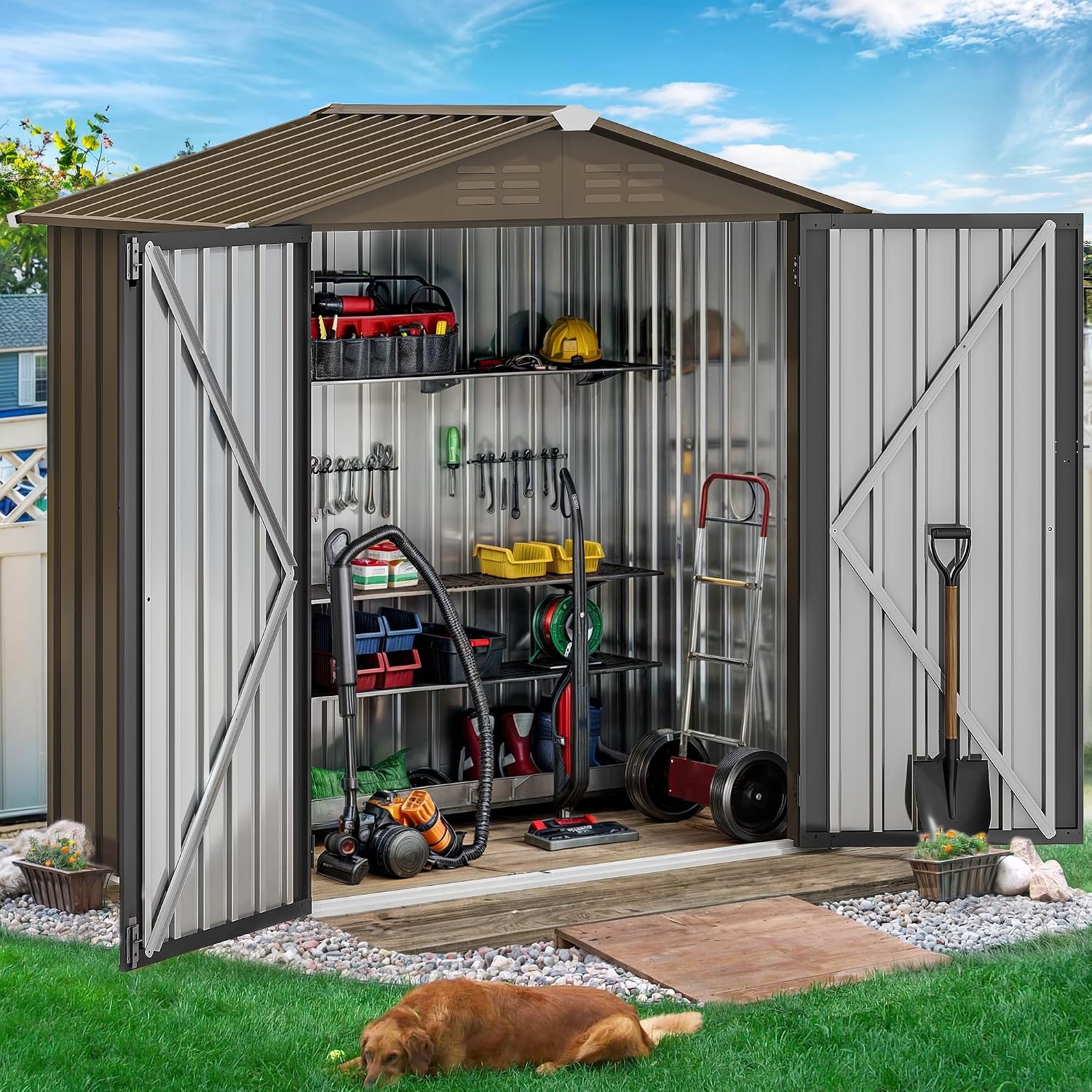 โรงเก็บของกลางแจ้งโลหะขนาด 6x4 - Gardening Tools Heavy Duty บทวิจารณ์และราคา
